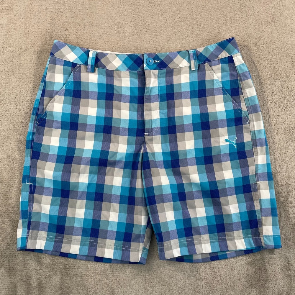 Puma Golf Shorts Men 34 Blue Plaid Performance Flat Front‎ NWOT